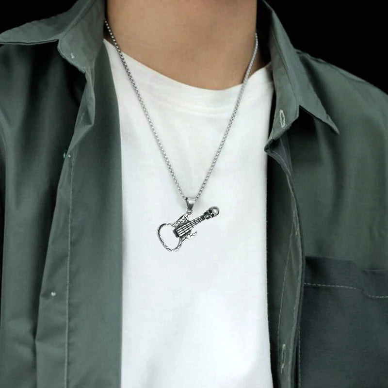 Silver Vintage Skull Guitar Pendant Necklace