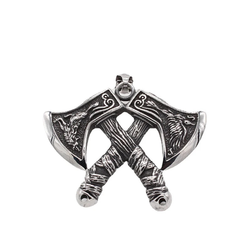Stainless Steel Viking Double Axe Necklace Men's Vintage Nordic Wolf Axe Pendant Chain Scandinavian Party Jewelry Accessories
