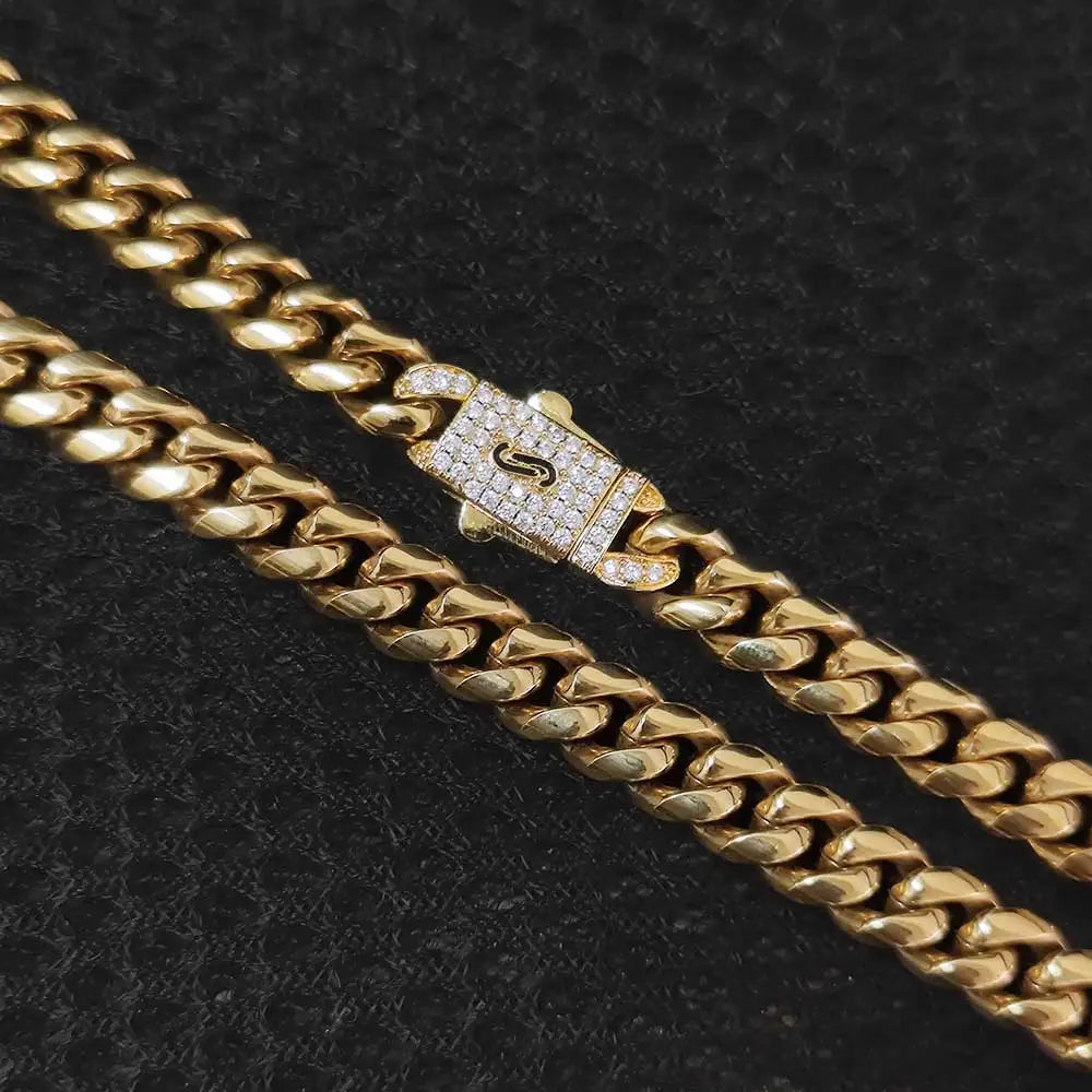 Gold Cuban Chain Necklace Iced Out 8MM Diamond Clasp