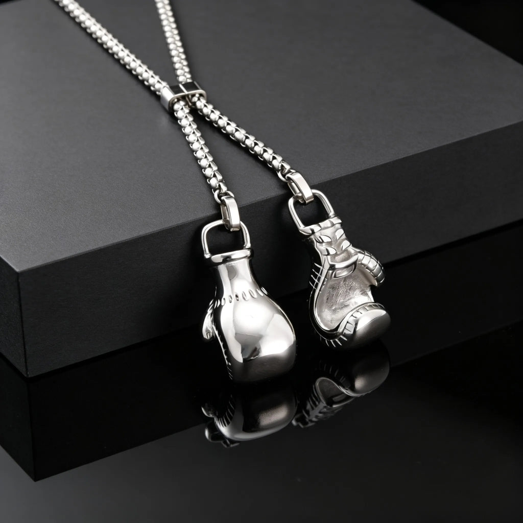 Men's Stainless Steel Boxing Glove Pendant Necklace, Adjustable Drawstring Long Chain Necklace, Creative Fashion Jewelry for Men