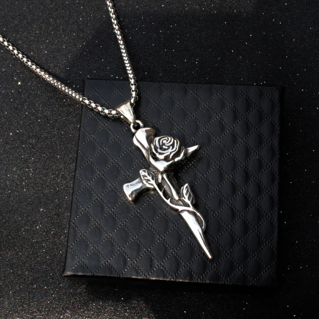 Hip Hop Retro Rose Cross Titanium Steel Men's Necklace Vintage Alloy Steel Accessory Pendant Necklace Gifts