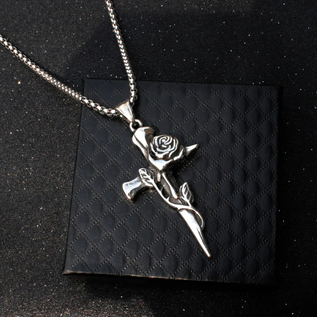 Hip Hop Retro Rose Cross Titanium Steel Men's Necklace Vintage Alloy Steel Accessory Pendant Necklace Gifts
