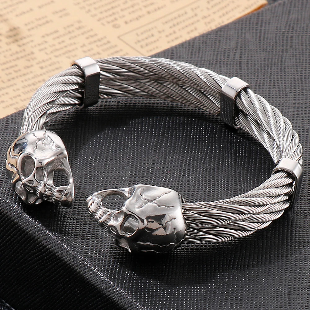 Biker Men's Skull Wristband Heavy 316L Stainless Steel Punk Bracelet Open Bangle Double Gothic Skeleton Head for Rock