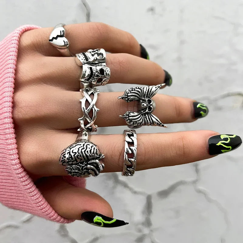 Spider Bat Skull Snake Ring Set — Stainless Steel