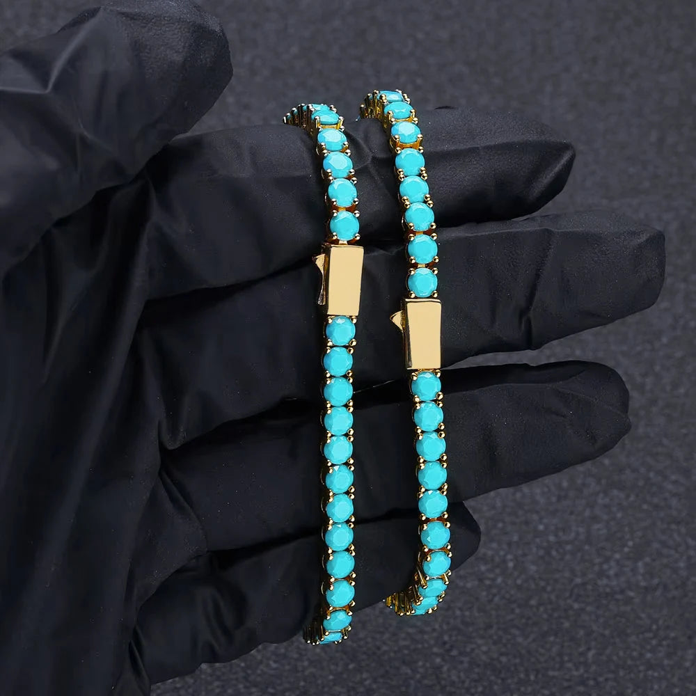 Gold Tennis Bracelet Blue Turquoise 4MM 18K