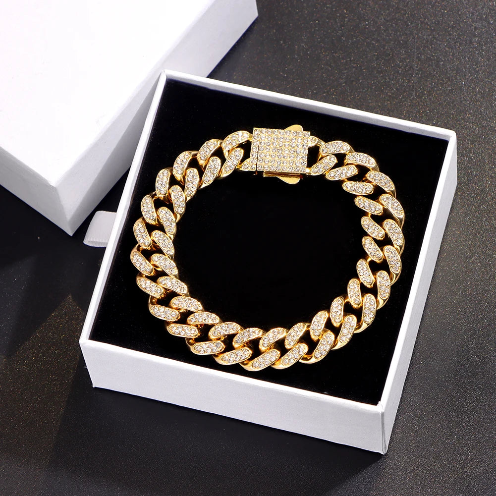 Luxury Iced Out Cuban Chain Bracelet for Men Women, Gold Color Rhinestone Link Wristband, Hip Hop Street Jewelry Gift