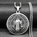 Saint Benedict Medallion Pendant Necklace for Women Men Stainless Steel Black Color Christian Spiritual Chain Jewelry N2588-6S02