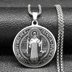 Saint Benedict Medallion Pendant Necklace for Women Men Stainless Steel Black Color Christian Spiritual Chain Jewelry N2588-6S02