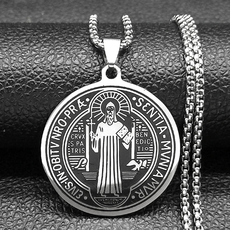 Saint Benedict Medallion Pendant Necklace for Women Men Stainless Steel Black Color Christian Spiritual Chain Jewelry N2588-6S02