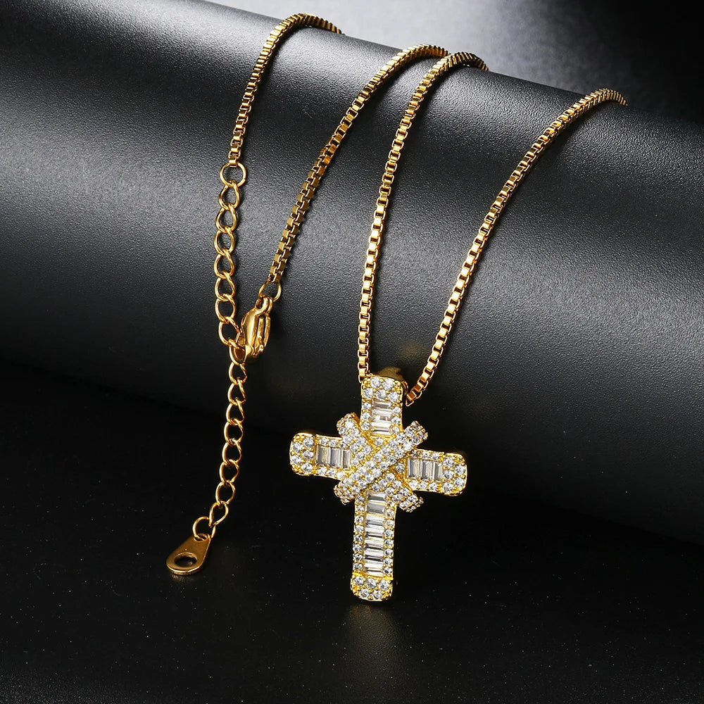 Cross Pendant Rope Box Chain Necklace Iced Out CZ