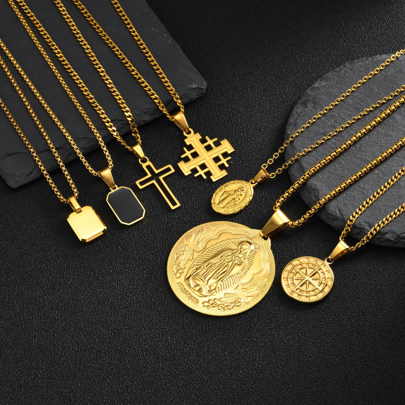 Men's Stylish Gold Color Necklace, Stainless Steel Geometric Cross Pendant Necklace, Vintage Fashion Jewelry Gift to
