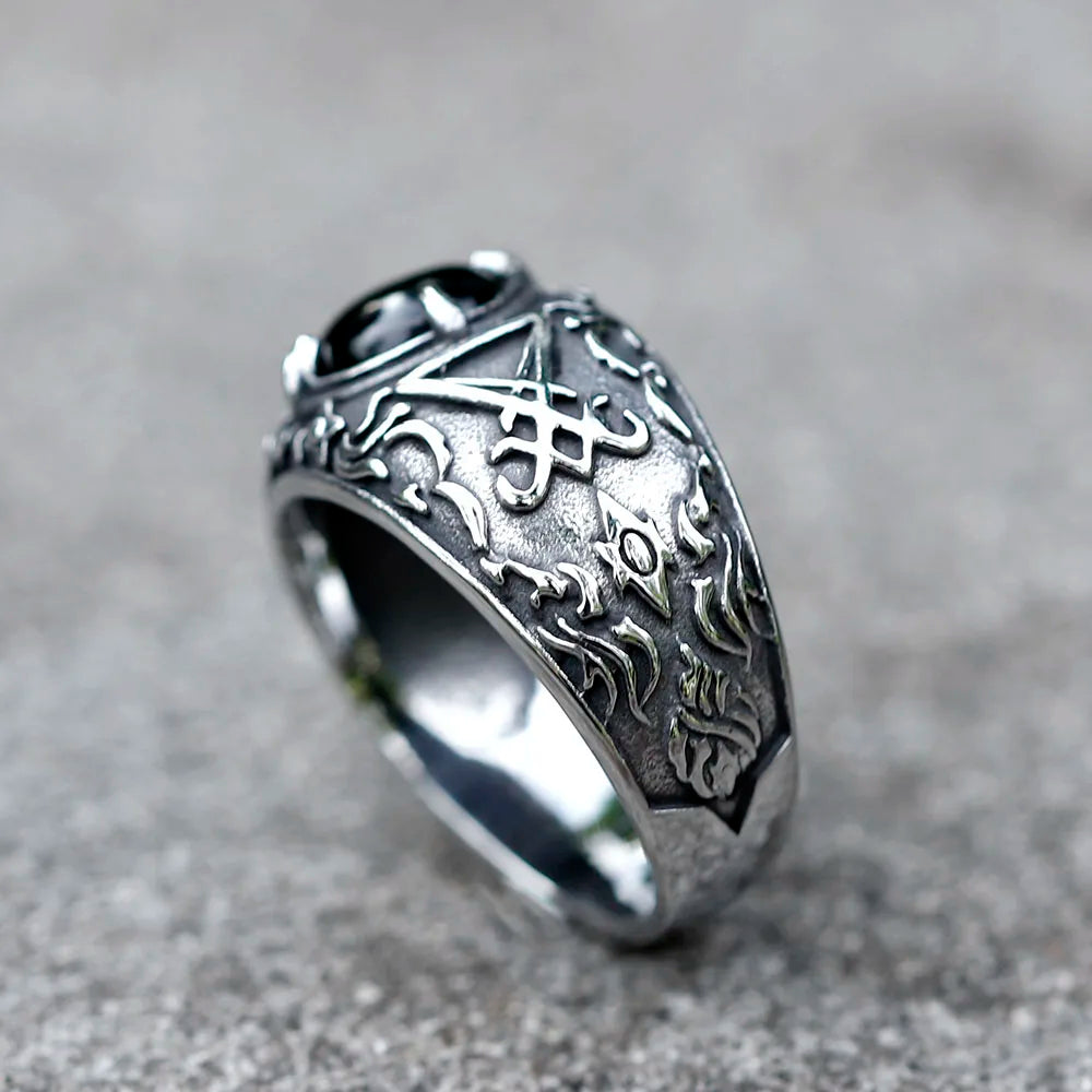 2023 New Updated Design Lucifer Satan Signet Ring For Men With Black Stone Stainless Steel Vintage Jewelry Gift free