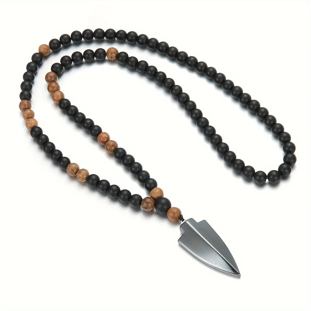 Wood Bead Arrow Pendant Necklace 8mm for Men — Black-Tone
