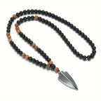 Wood Bead Arrow Pendant Necklace 8mm for Men — Black-Tone