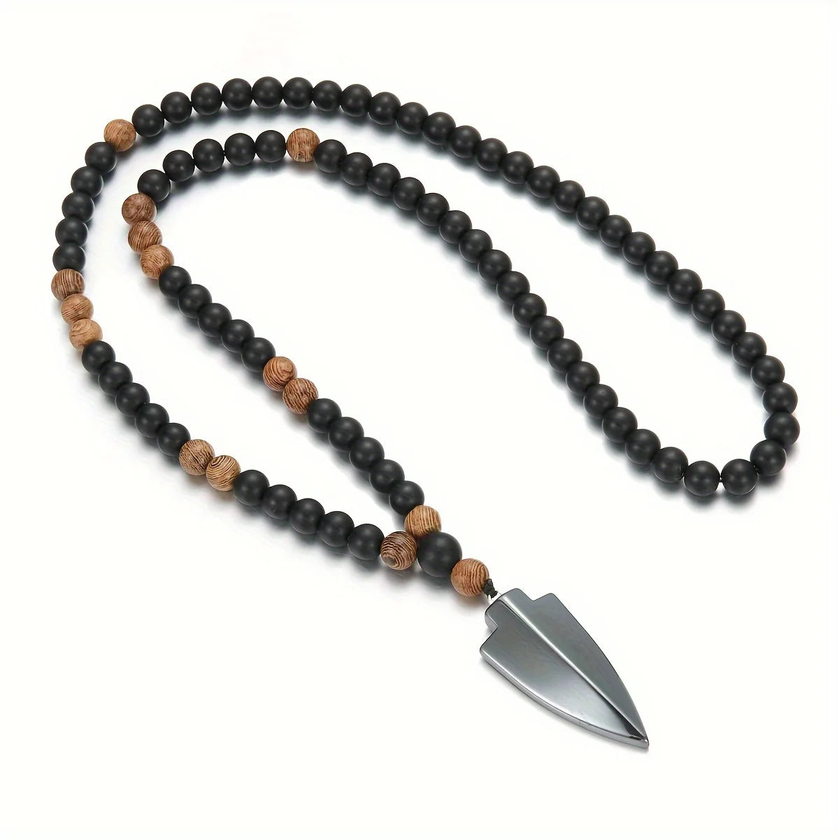 Wood Bead Arrow Pendant Necklace 8mm for Men — Black-Tone