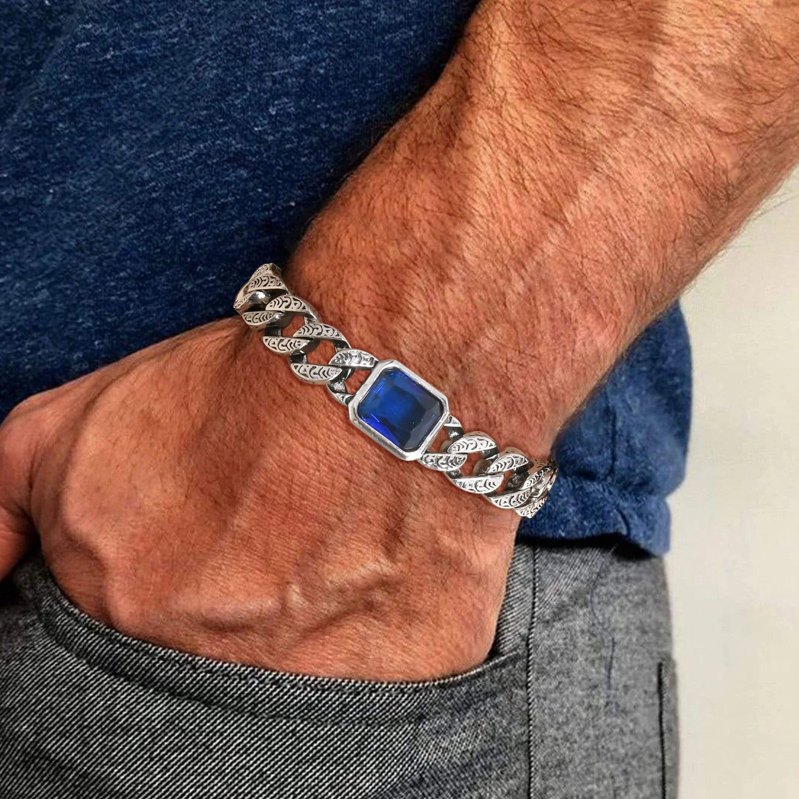 Cuban Blue Stone Chain Bracelet — Stainless Steel