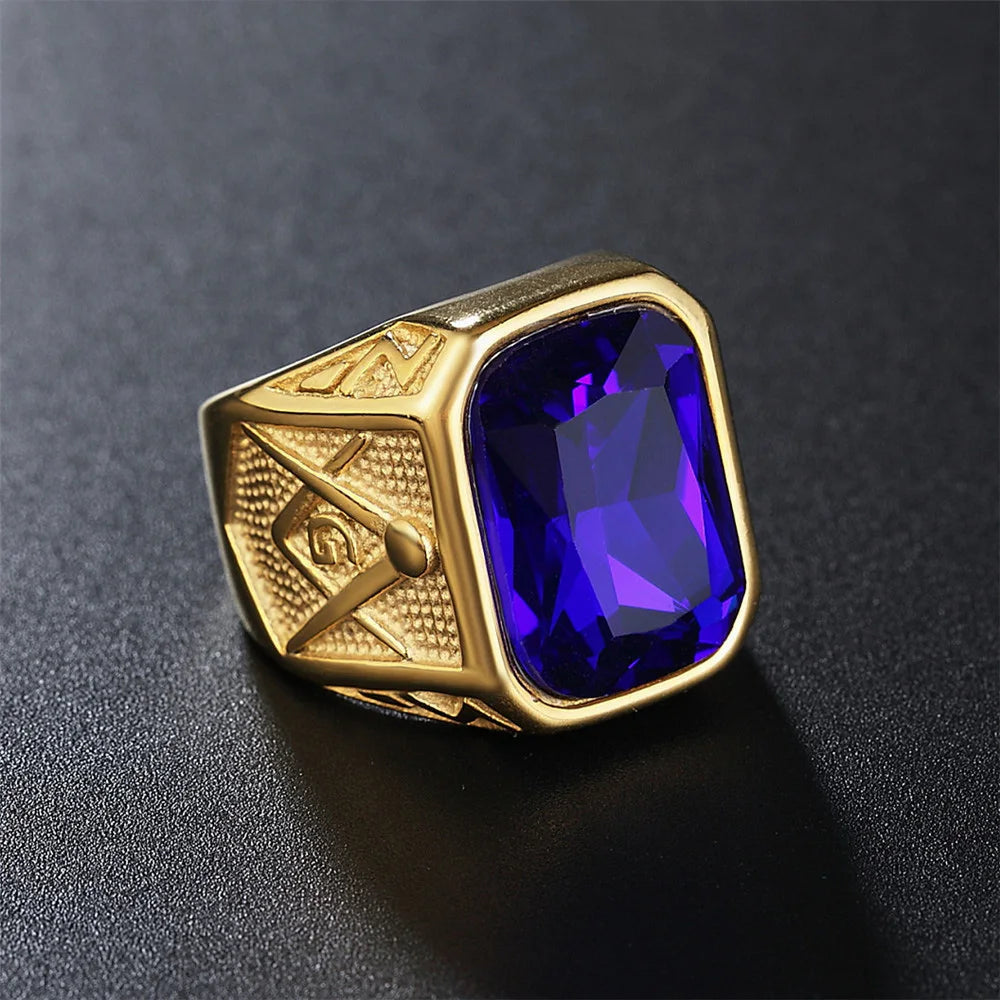 Square Stone Masonic Ring — Stainless Steel