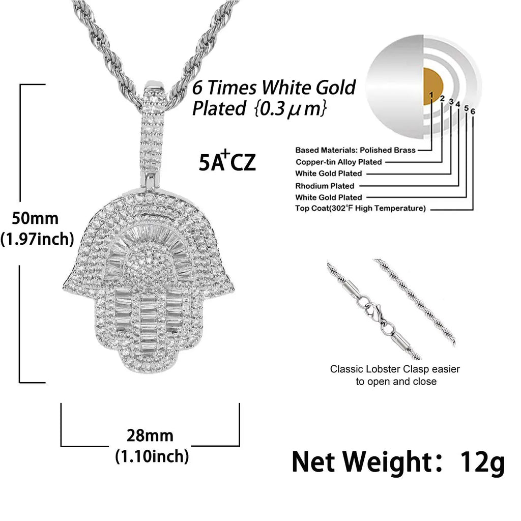 Iced Baguette Hamsa Pendant Necklace — Copper