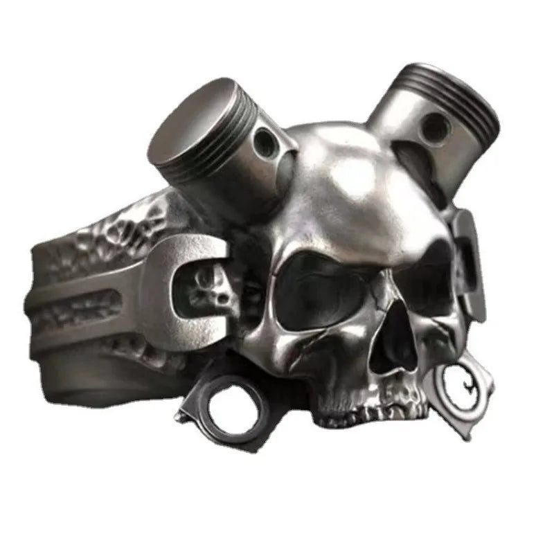 Alloy Mechanical Skull Men's Ring, European and American Popular Punk Style Inlaid Finger Ring