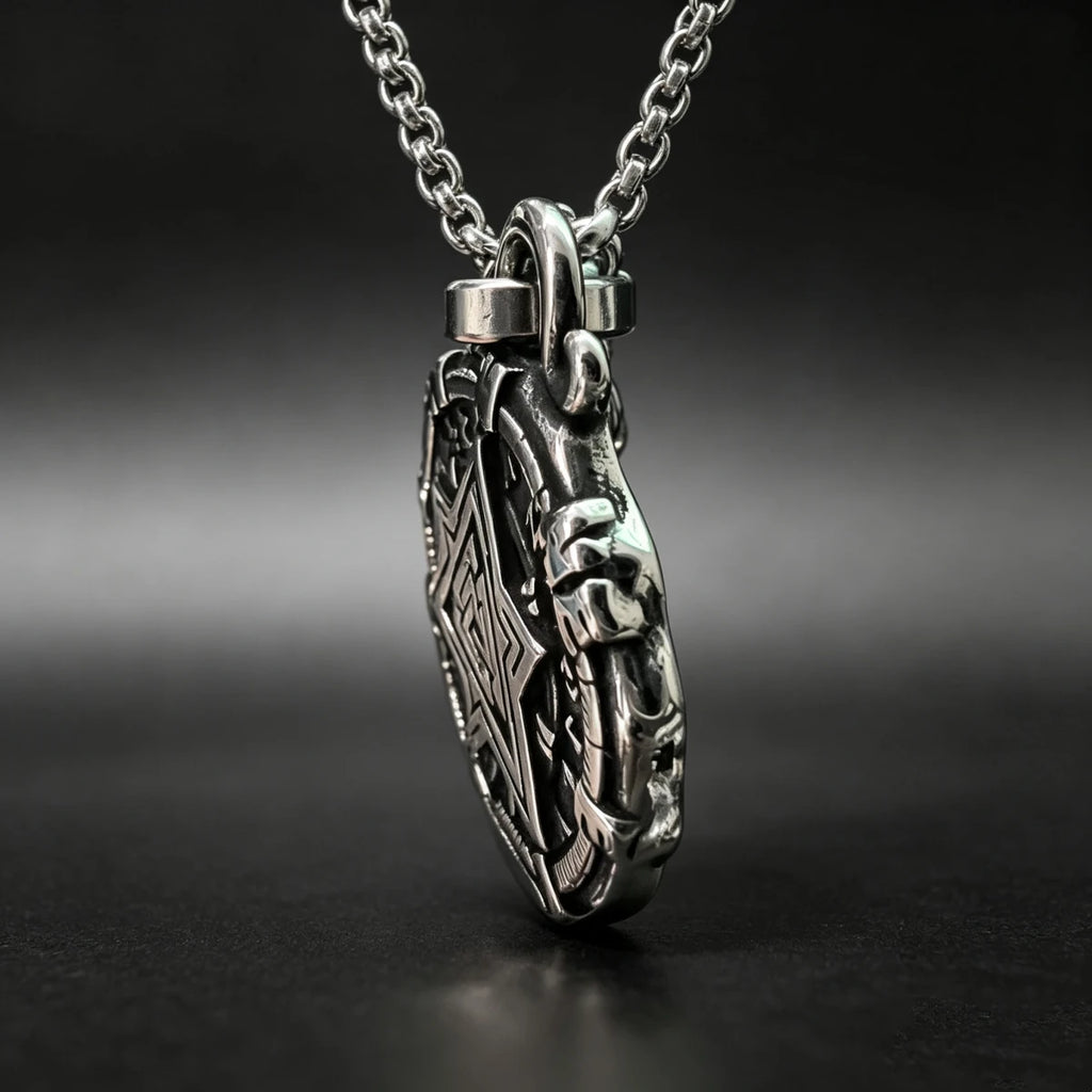 HNSP 316L Stainless Steel Viking Valknut Vegvisir Pendant Necklace For Men Vintage Double‑Sided Rune Compass Amulet