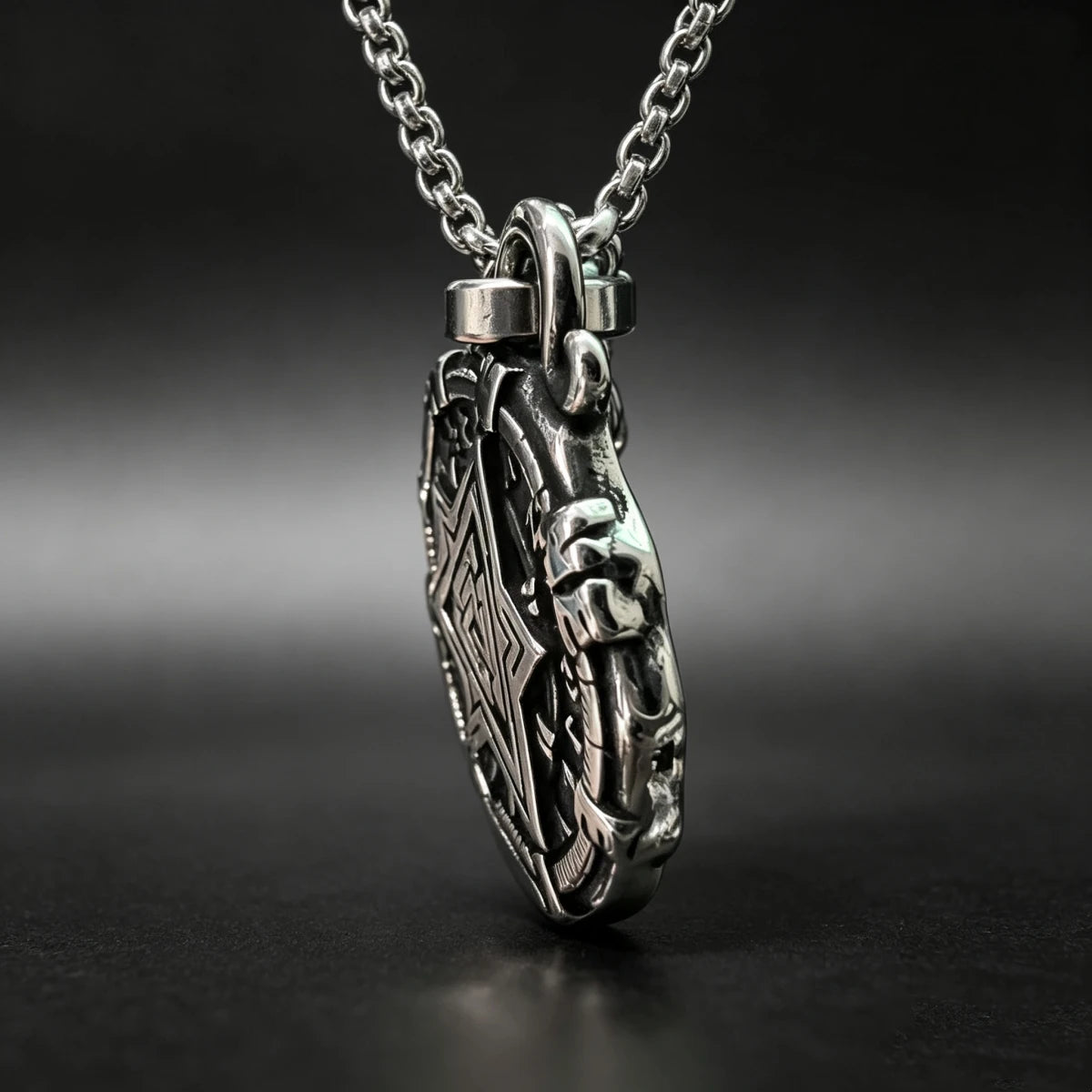HNSP 316L Stainless Steel Viking Valknut Vegvisir Pendant Necklace For Men Vintage Double‑Sided Rune Compass Amulet