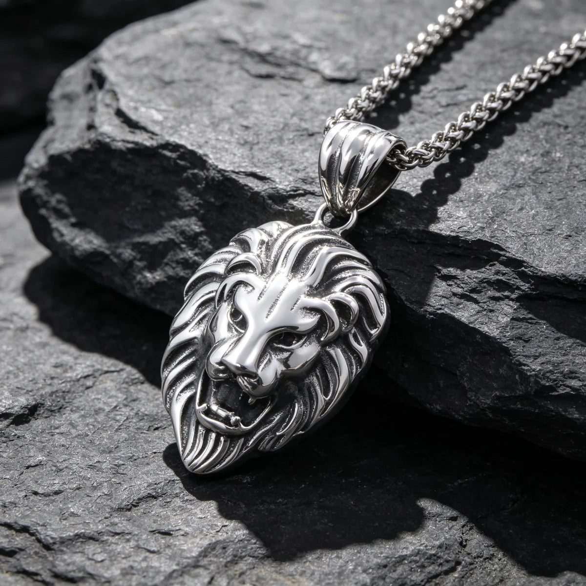 Vintage Lion Head Pendant Necklace, 60cm — Stainless Steel