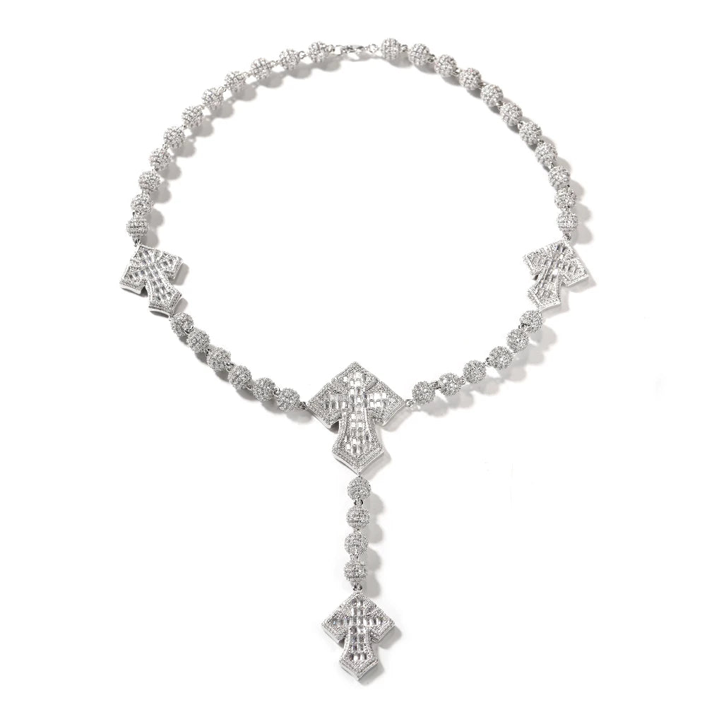 Uwin Bead Chain With 4 Corss Full Paved Iced Out Bling New In Cubic Zirconia HipHop Jewelry