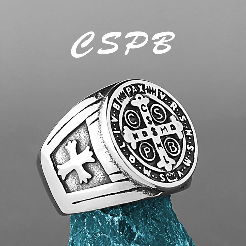 Vintage Christian St. Benedict Cspb Cross Ring For Men Punk Hip Hop Stainless Steel Jesus Ring Jewelry Creative Gift