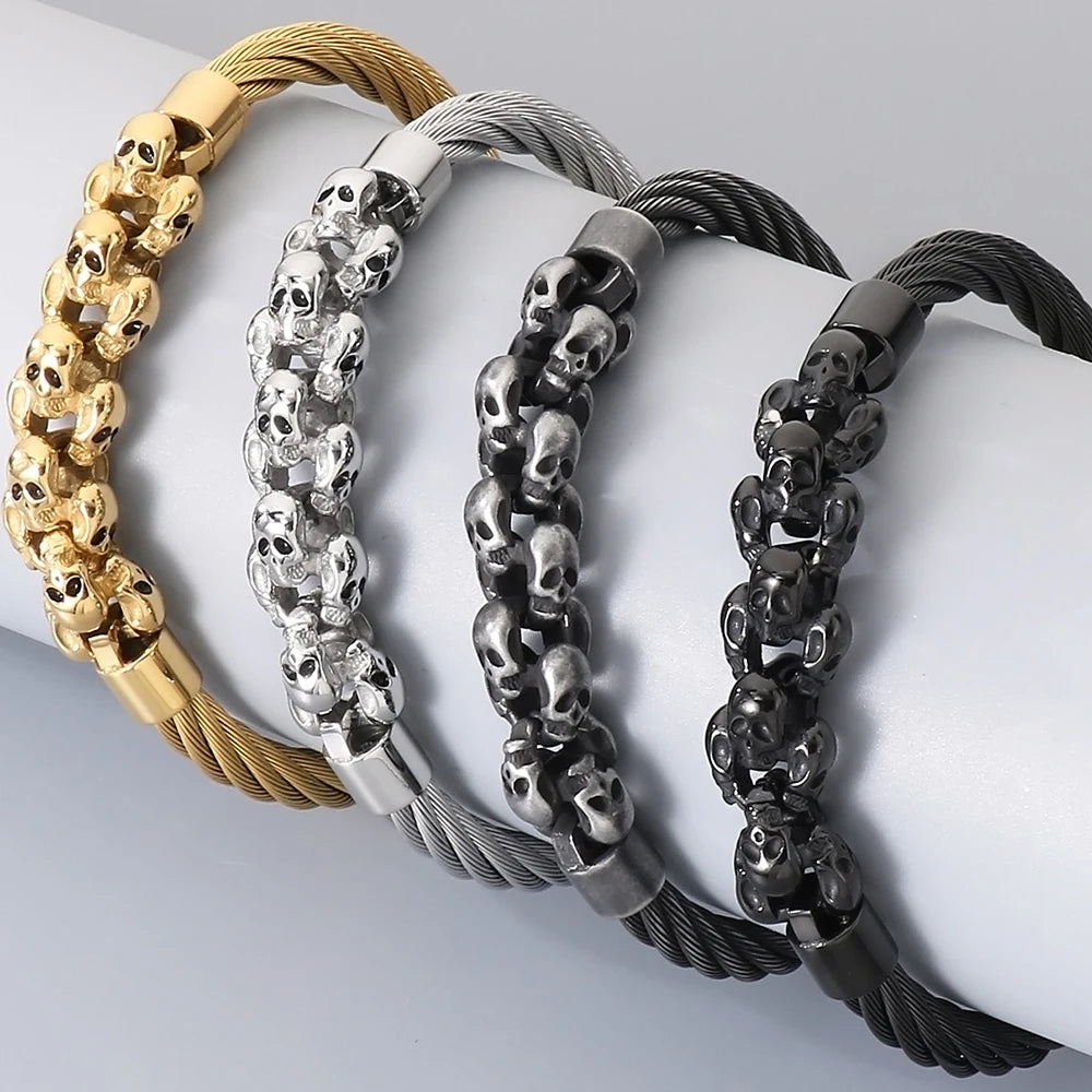 Gothic Men's Skull Bracelet for Man Steampunk 6MM Width Braided Stainless Steel Wire Chain Jewelry