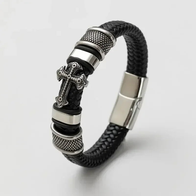 Vintage Punk Hand Woven Three Layer Leather Black Beaded Bracelet Magnetic Bracelet Clasp Men\\'s Charm Business Event Jewelry