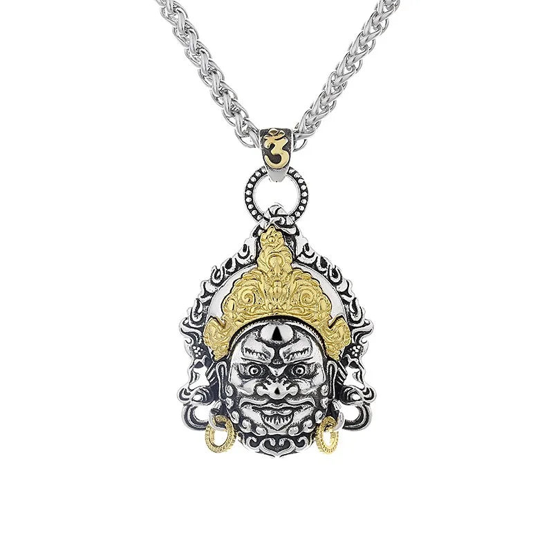 Vintage Plated Thai Silver Yellow God of Wealth Necklace, Gilded Buddha Statue Pendant, Holiday Birthday Gift