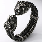 Gothic Elastic Double Lion Face Head Open Cuff Bangle Bracelet For Man Stainless Steel & Leather 12MM Twist Chain Mens