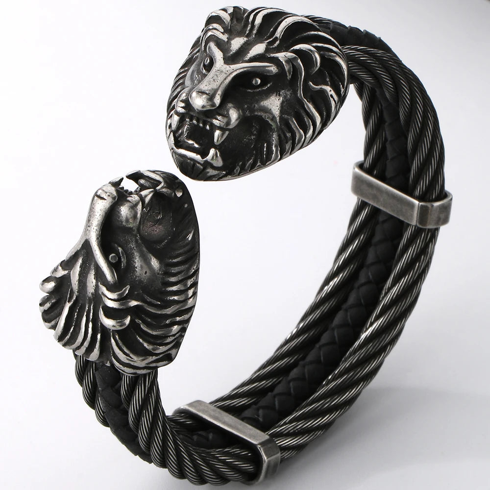 Gothic Elastic Double Lion Face Head Open Cuff Bangle Bracelet For Man Stainless Steel & Leather 12MM Twist Chain Mens