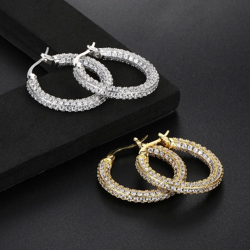 Two-Tone Iced Out Hoop Earrings CZ Silver Gold