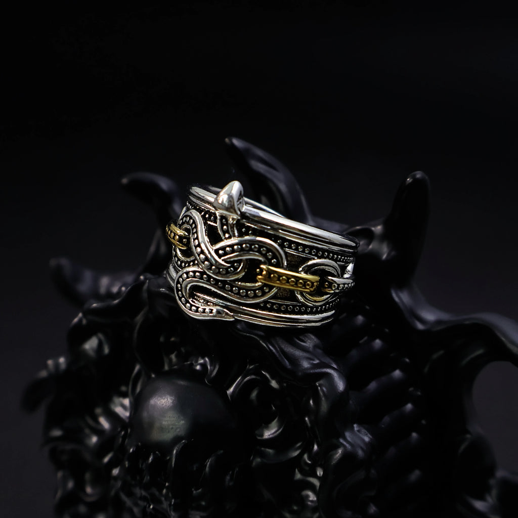 Retro Chained Snake Adjustable Open Ring For Men Silver-plated Copper Gothic Punk Edgy Indie Jewelry Niche Accessories