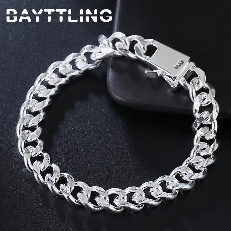 BAYTTLING 925 Sterling Silver 10MM 8 inch Cuban Chain Bracelet For Men Women Fashion Engagement Party Jewelry Bracelets