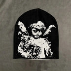 Angel Jacquard Beanie Black & White Edgeless Skull Cap Winter Hat for Women & Men Gothic Y2K Beanie for Everyday &