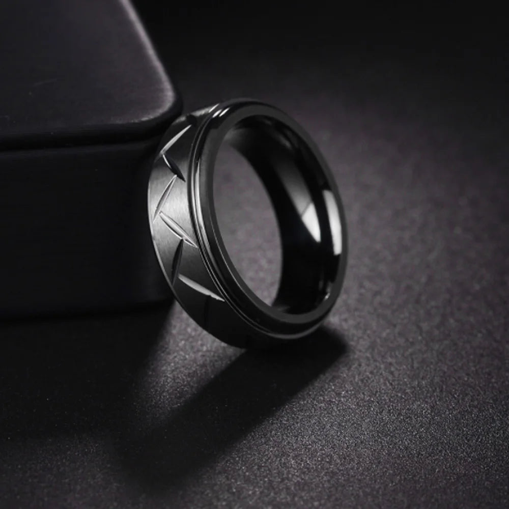 Black Multi-Faceted Groove Ring — Stainless Steel
