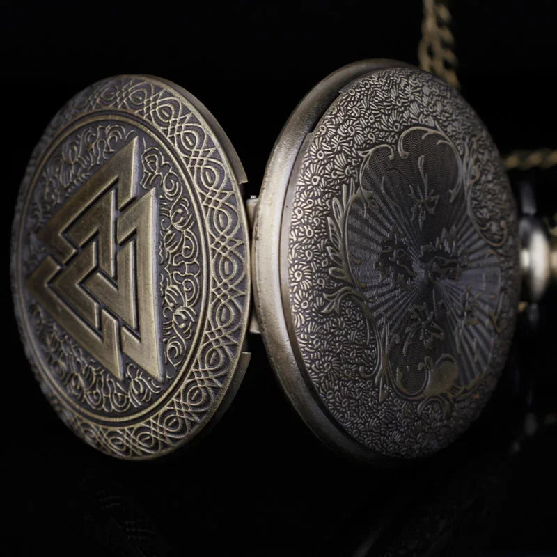Valknut Norse Viking Pocket Watch Necklace — Bronze-Tone Quartz