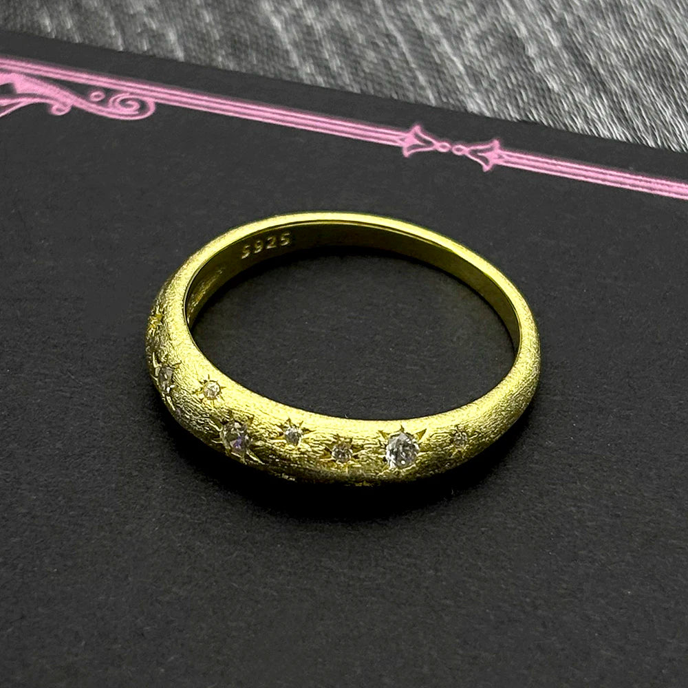 Two-Tone Ring Sterling Inlaid Shiny Zircons Matte