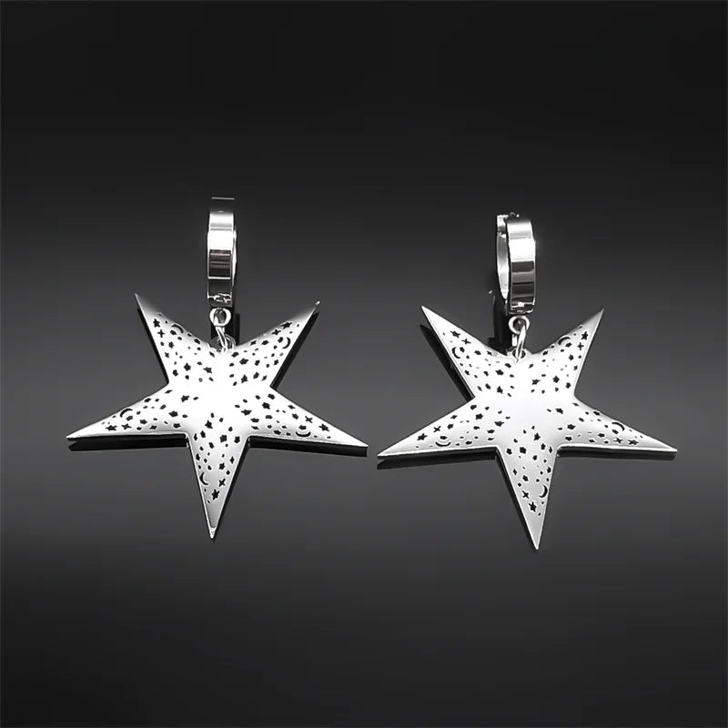 Gothic Star Silver Earrings Pentagram Hollow Hoop