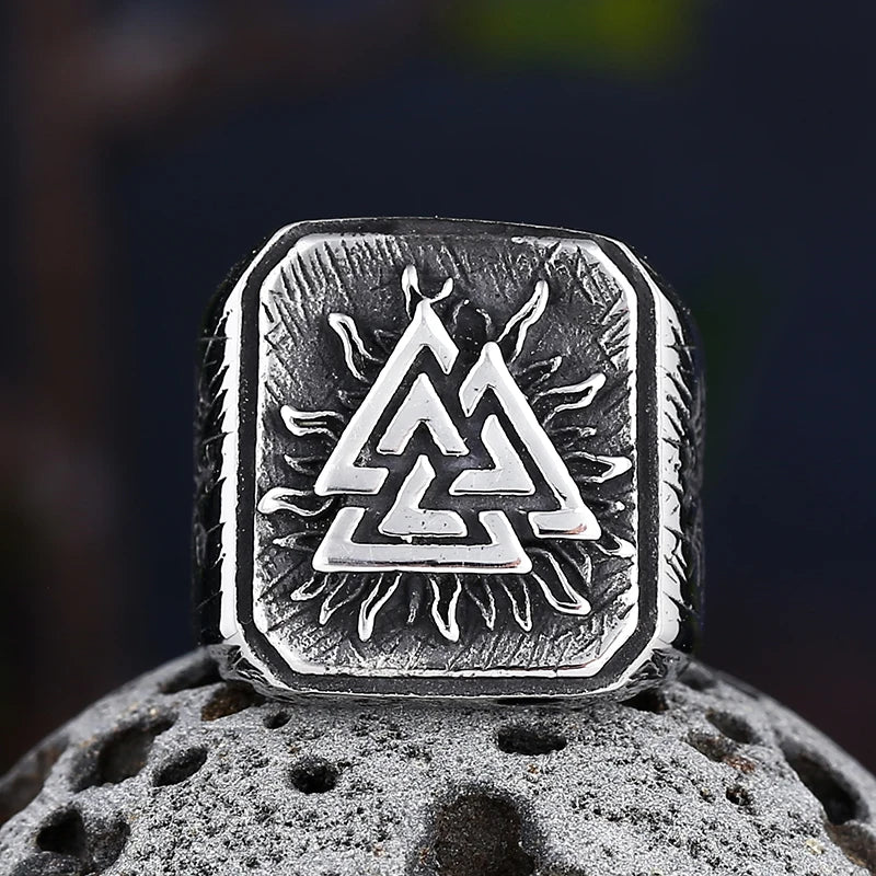 Viking Mens Stainless Steel Amulet Ring With Compass Triangle Odin Vegvisir Rings Nordic Talisman Biker Jewelry Gift for Men