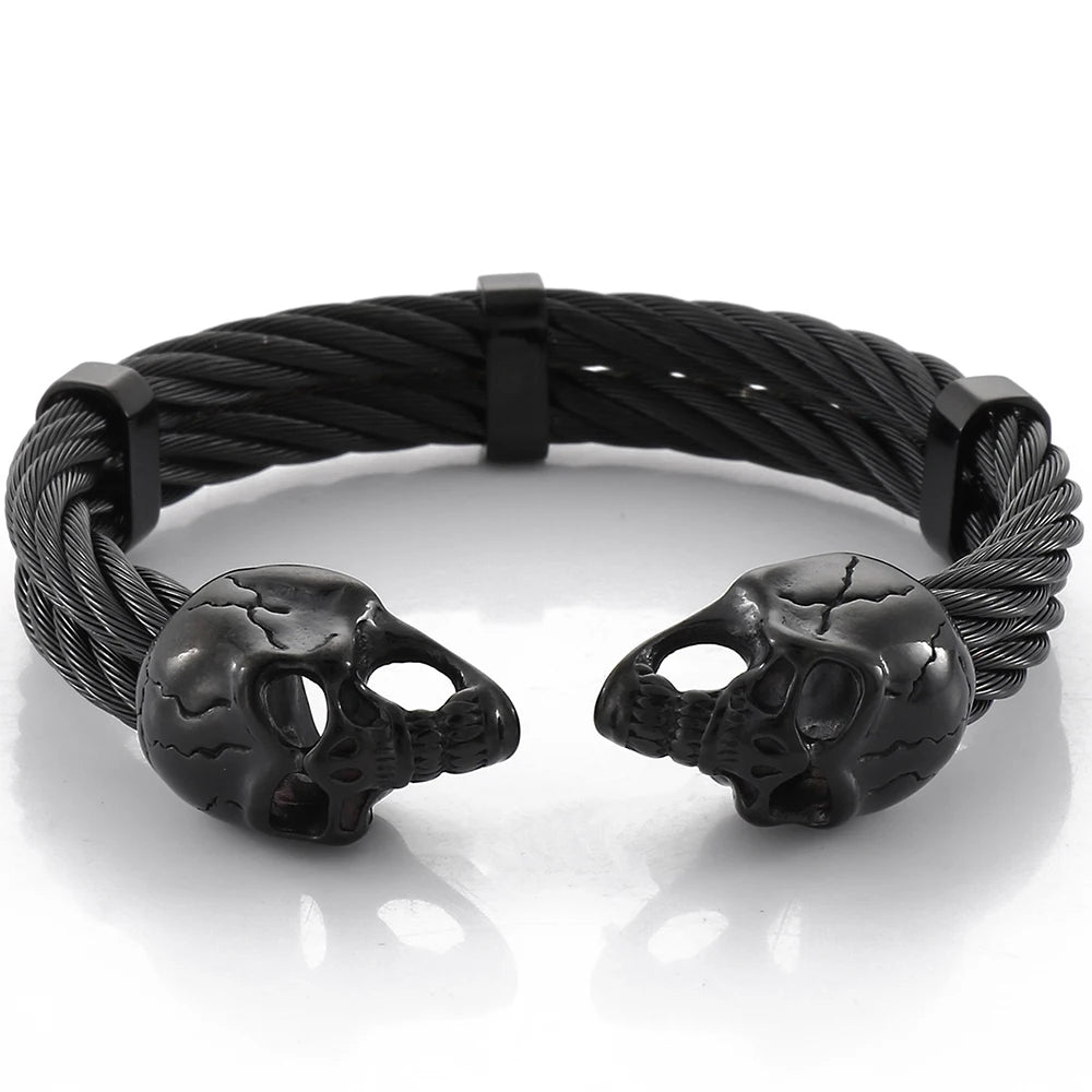 Biker Men's Skull Wristband Heavy 316L Stainless Steel Punk Bracelet Open Bangle Double Gothic Skeleton Head for Rock