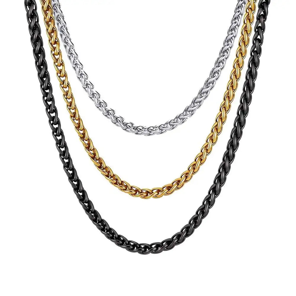 Stainless Steel Wheat Chain Necklace for Men Boys,3mm Silver Gold Black Color Chain Link Collars,Rock Punk Jewelry Gift