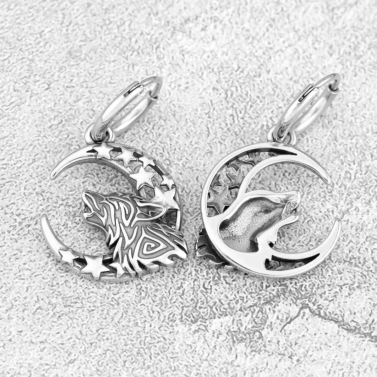 Viking Wolf Head Sleeping Dragon Moon Earrings — Stainless Steel