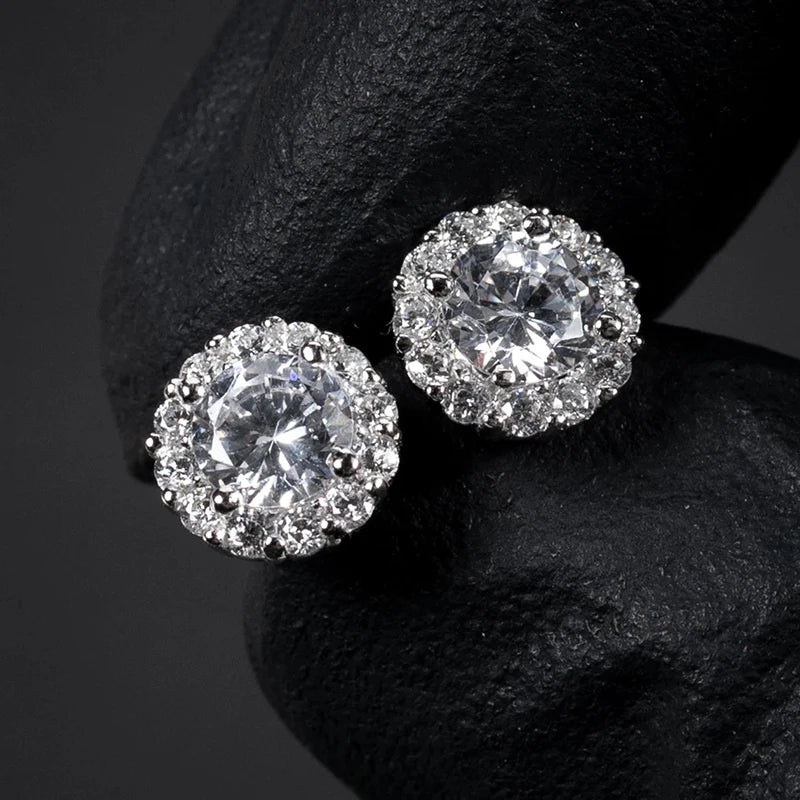 Iced Out Cubic Zircon Stud Earrings for Men & Women — Silver-Tone