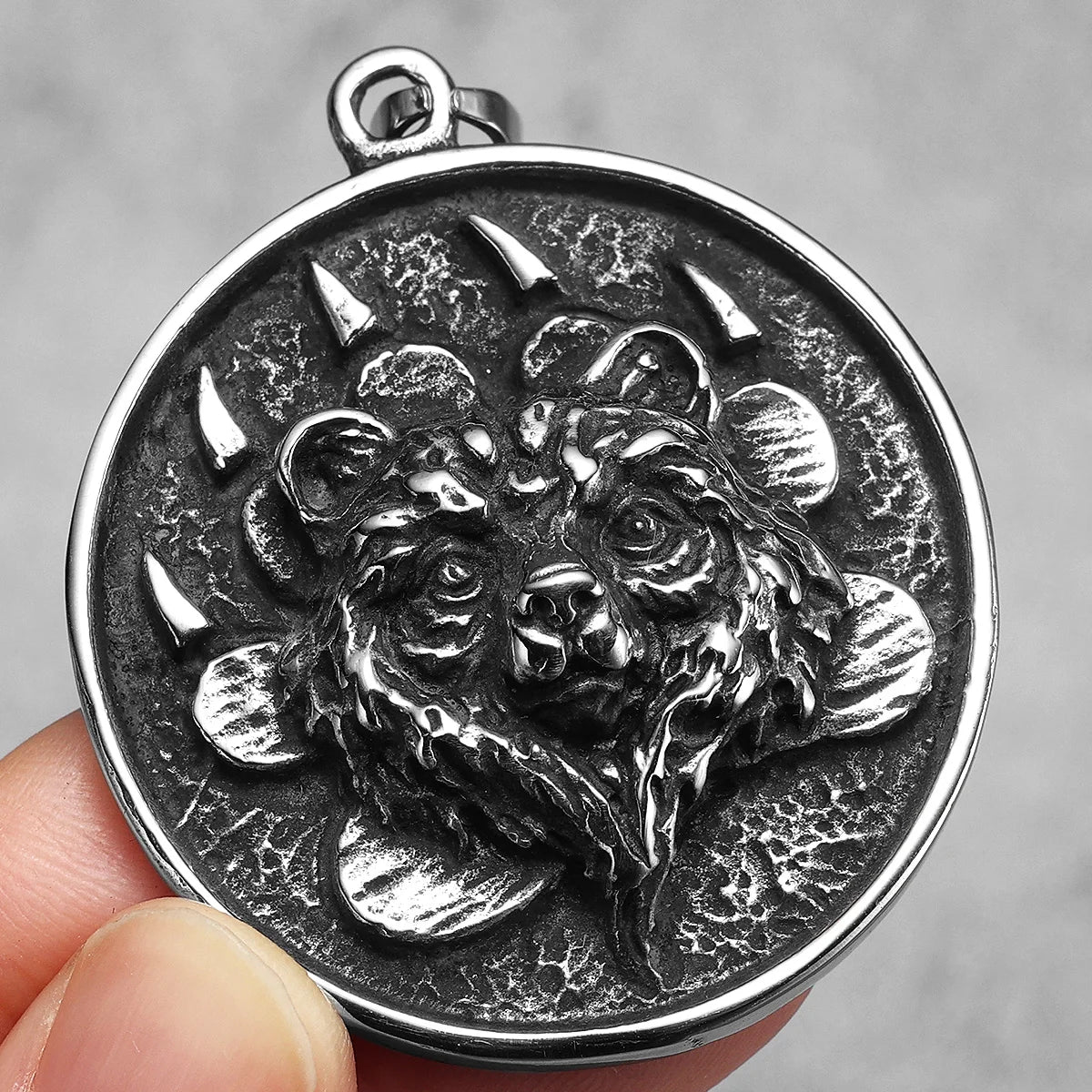 Viking Bear Head Claw Coin Pendant Necklace — Stainless Steel