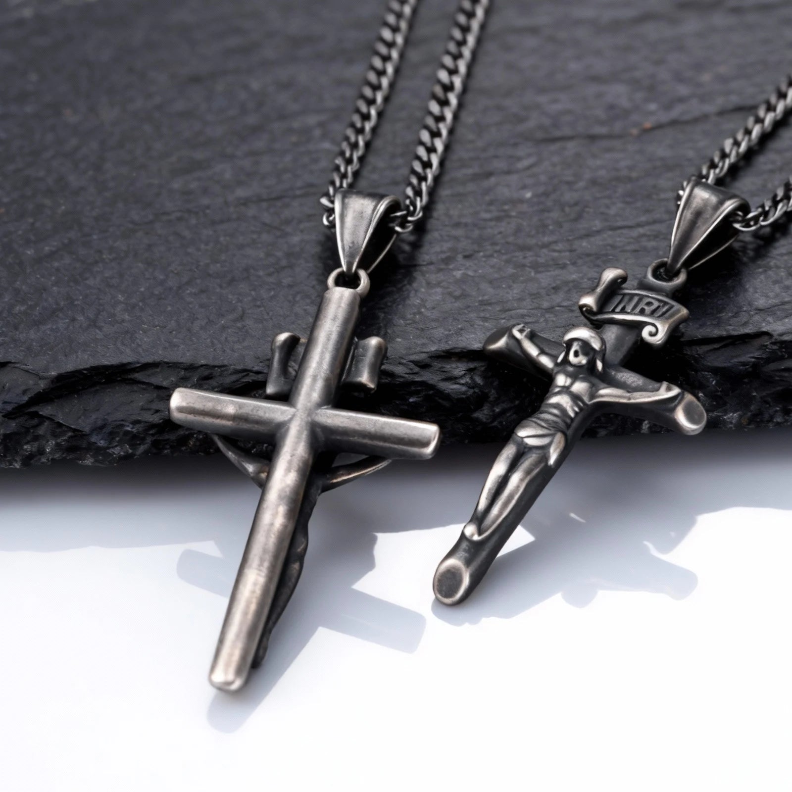 Waterproof Catholic Cross Necklace for Men,Stainless Steel Crucifix Pendant with 60cm Cuban Chain,Religious Jewelry Gift