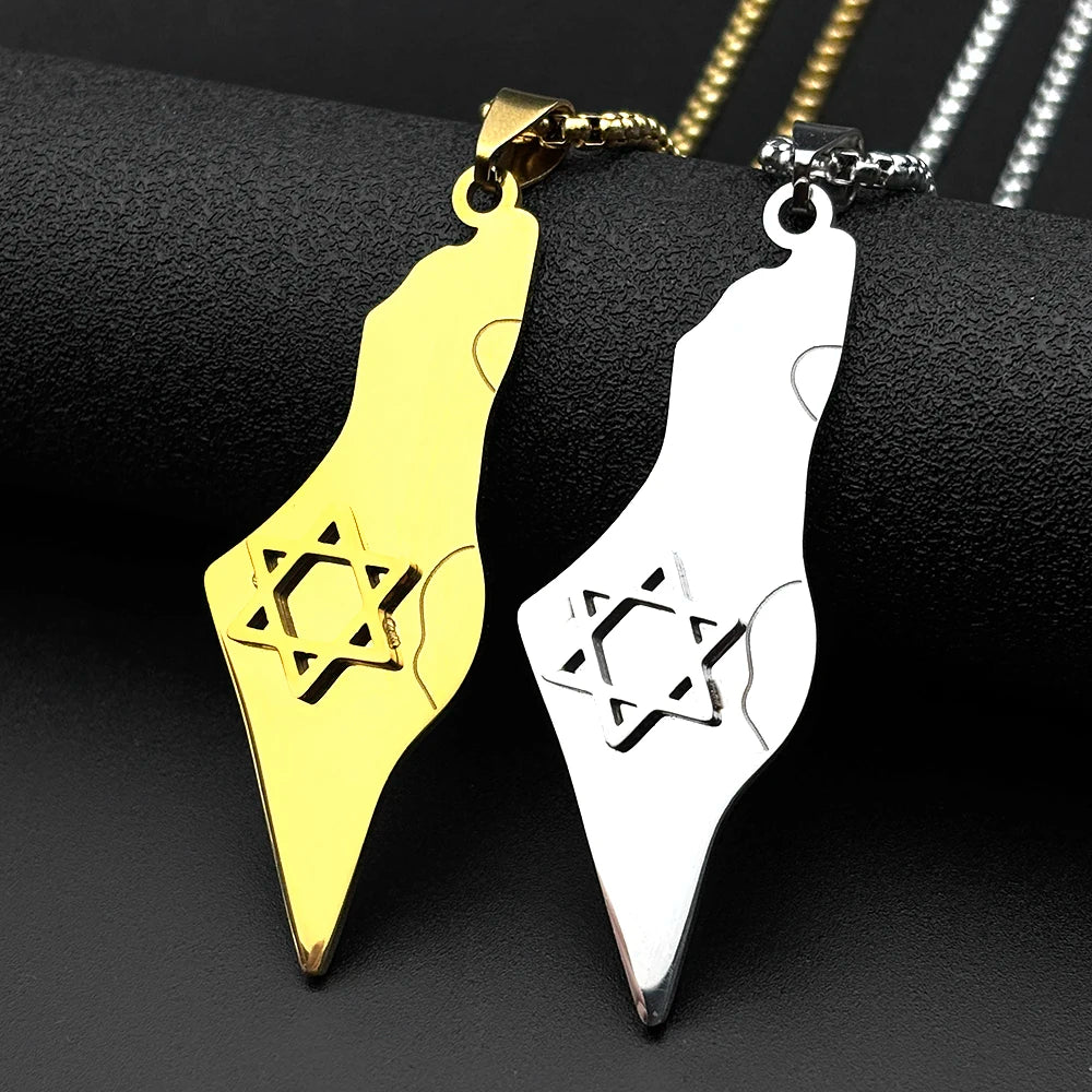 Israel Map Star Of David Pendant Necklace Women Men Stainless Steel Gold Silver Color Geography Country Jewish Chain