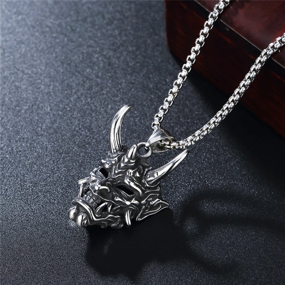 Long Horn Demon Mask Pendant — Stainless Steel